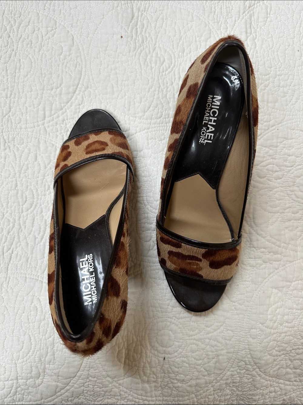 MICHAEL Michael Kors Leopard Print Peep-Toe Heels with Black Trim